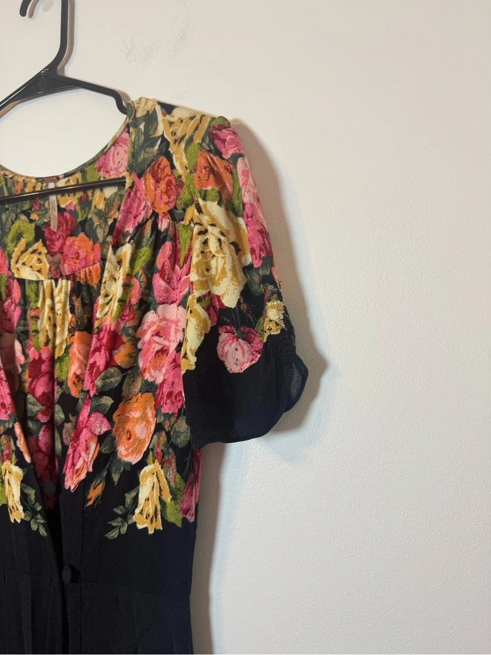 Free People Floral Midi Dress Black Boho Button Front Small